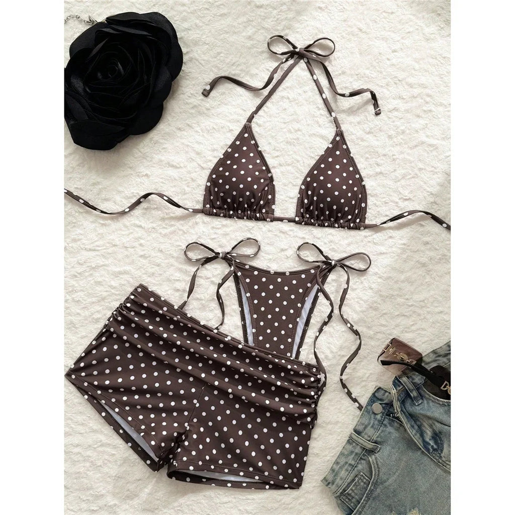 S - XL With Shorts Polka Dot Halter Bikini Female Swimsuit Women Swimwear Three-pieces Bikini Set Bather Bathing Suit Swim V8292