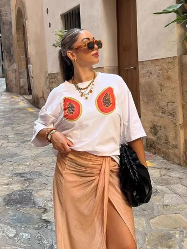 Foridol Papaya Print Fruit T-shirt Women Summer Loose Casual Shirts Blusa Half Sleeve White Spring Summer Shirt 2025 Blouse