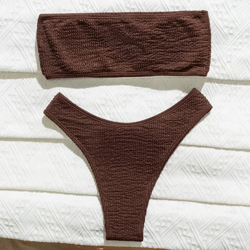 Sexy Ribbed Coffee Bandeau Bikinis Sets Two Pieces High Waist Thong Swimsuit Bathing Suit Swimwear Biquini Bakini Trikini