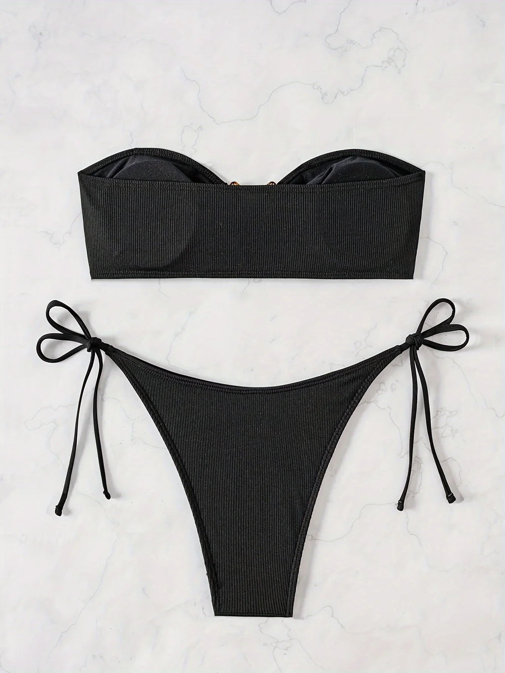 ZTVitality Sexy Bandeau Rib Knit Tie Side Black Bikini Set 2024 Biquini New Arrival Padded Strapless Swimsuit Women's Swimwear