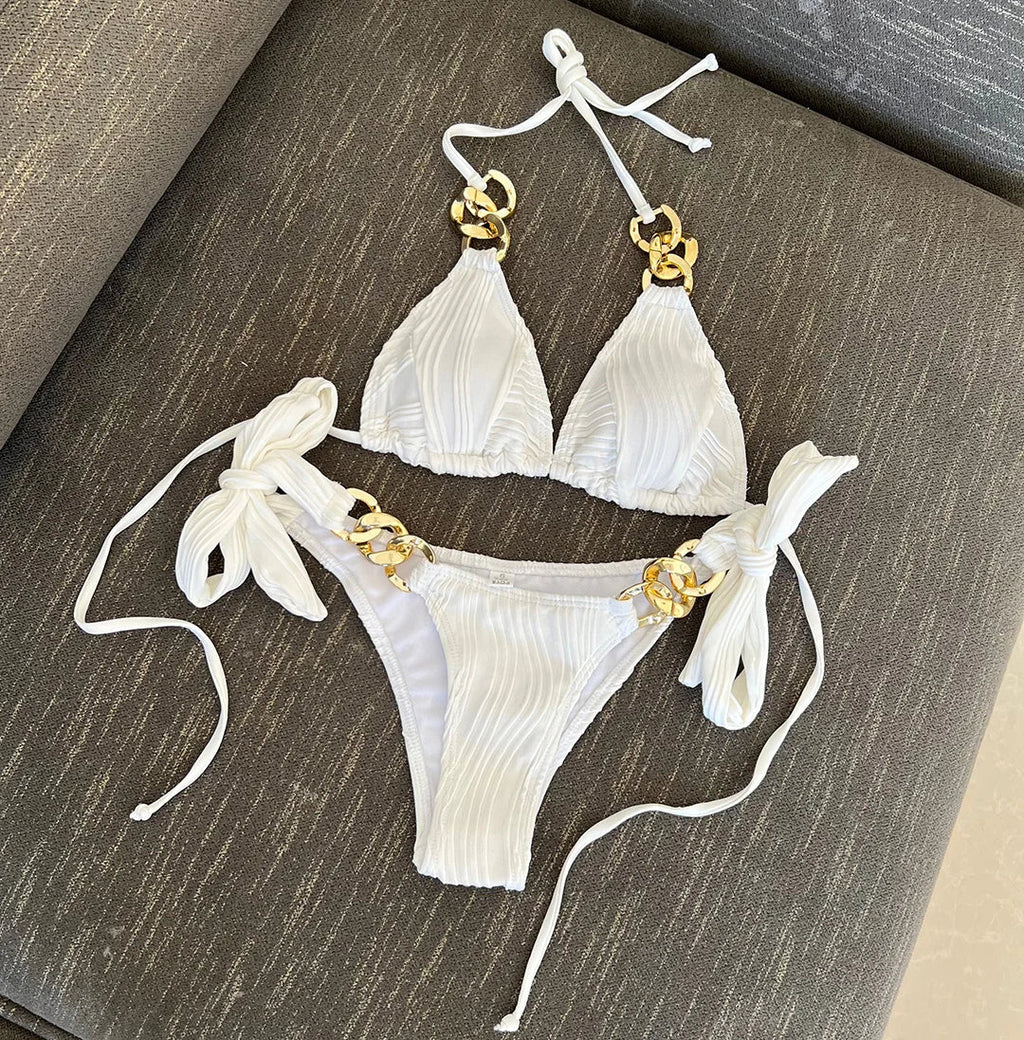 Halter Metal Rings Bikinis Wrinkled Bikini Female Swimsuit Women Swimwear Two-pieces Bikini Set High Cut Bathing Suit Swim Lady