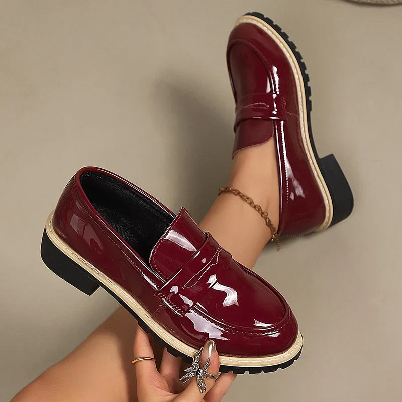 Patent Leather Thick Heels Loafers Women Spring New Mixed Color Med Heel Office Pumps Woman Plus Size 43 Slip On Single Shoes