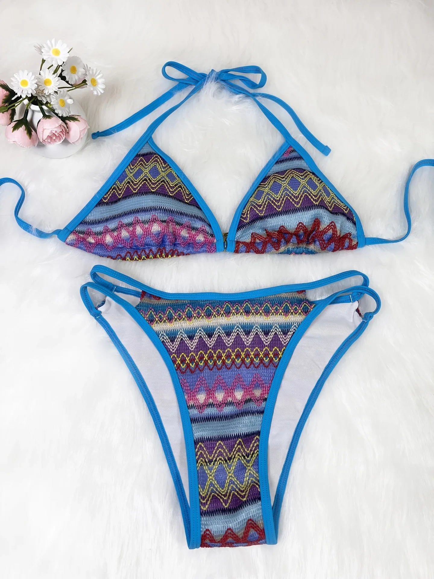 Retro Style 2026 Summer Women Knitted Swimsuit Sexy Backless Lace-up Swimwear Low Waist Femme Neck Bikini Set Beach Bathing Suit