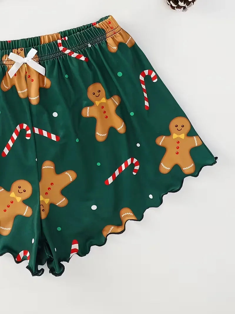 Soft Festival Christmas Cute Gingerbread Print Pajama Set Women's Sleepwear 2 Pieces Crop Tops and Shorts Loungewear