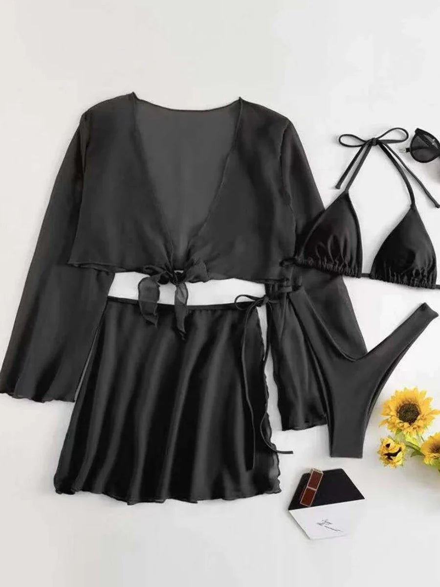 4 Pieces Thong Bikini 2026 Women With Top and Dress Black Swimwear Female Halter Swimsuit Beachwear Bathing Swimming Suit Summer