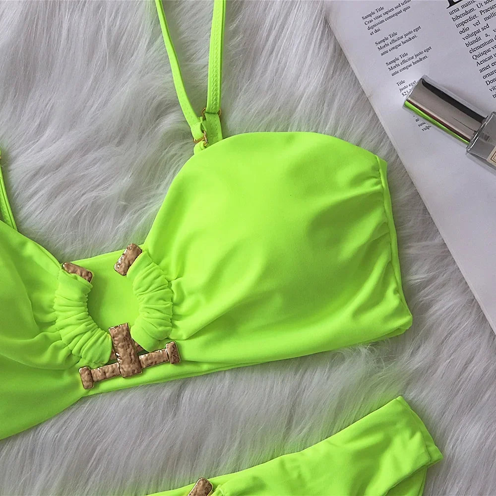 DEKA Bandeau U-Neck Metal Bikini Set Push Up Padded Cup Swimwear Women Solid Swimsuit Beachwear Water Swiminmg Bathing Suit