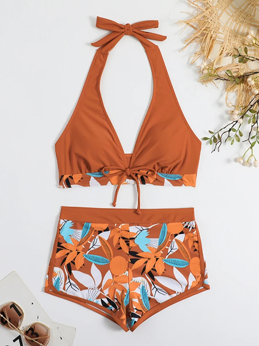 Halter Bikinis 2026 Women Printed Swimsuit Shorts High Waist Swimwear Female Bathers Swimming Bathing Suit Summer Beachwear