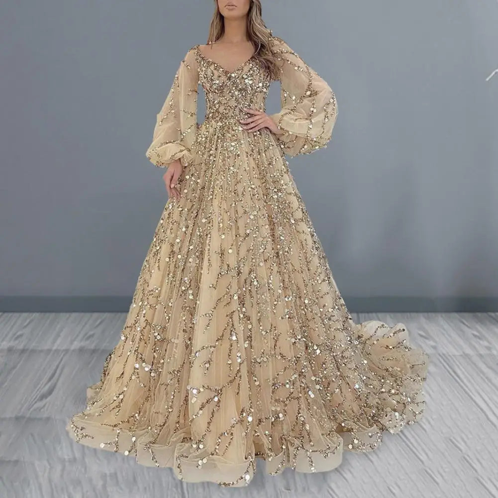 Women Evening Dress Lantern Sleeve V Neck Shiny Sequin A-line Double-layered Floor Length Mesh Cocktail Party Dress Prom Gown