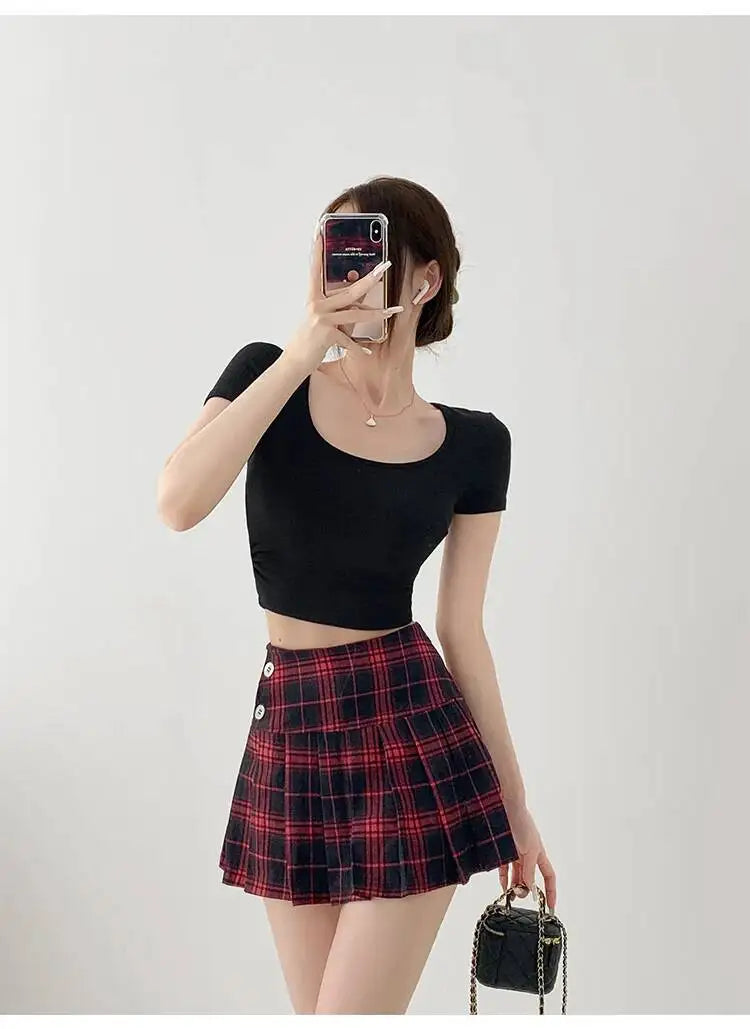 American Style Retro Low Waisted JK Plaid Pleated Skirt Women 2026 Summer New Spicy Girl Wrap Hip Slim A-line Ultra Skirt YOQG