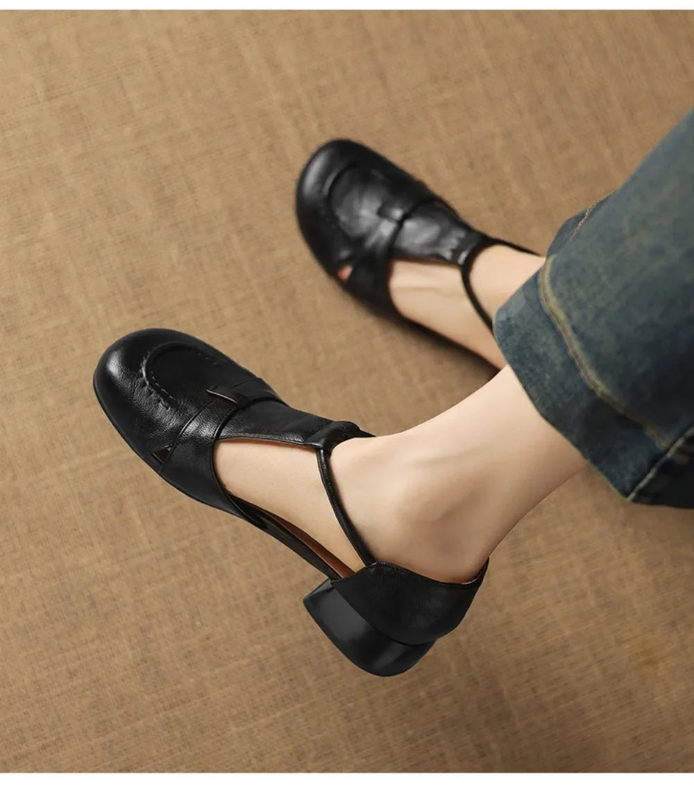 French Slip-on Single Shoes Retro British Shoes for Women Brown T-Strap Shallow Flat Sandals Soft Leather Rome  Summer New 32-43