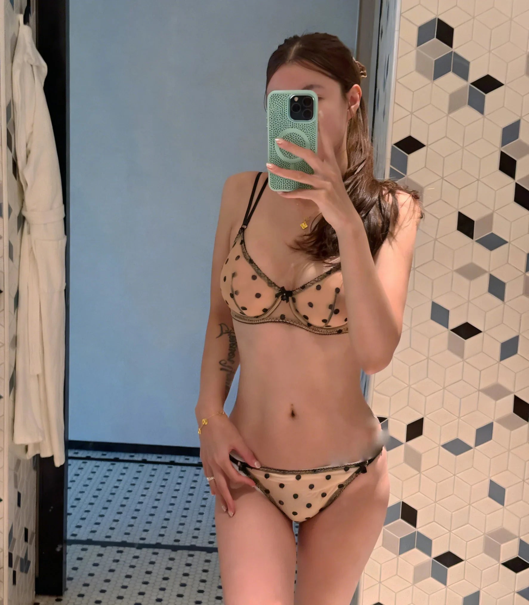 French Style Polka Dot Bra & Thong Set | Retro Sexy Lace Lingerie, Ultra Thin Sheer Netting for Big Bust & Plus Size MOYISU Bras