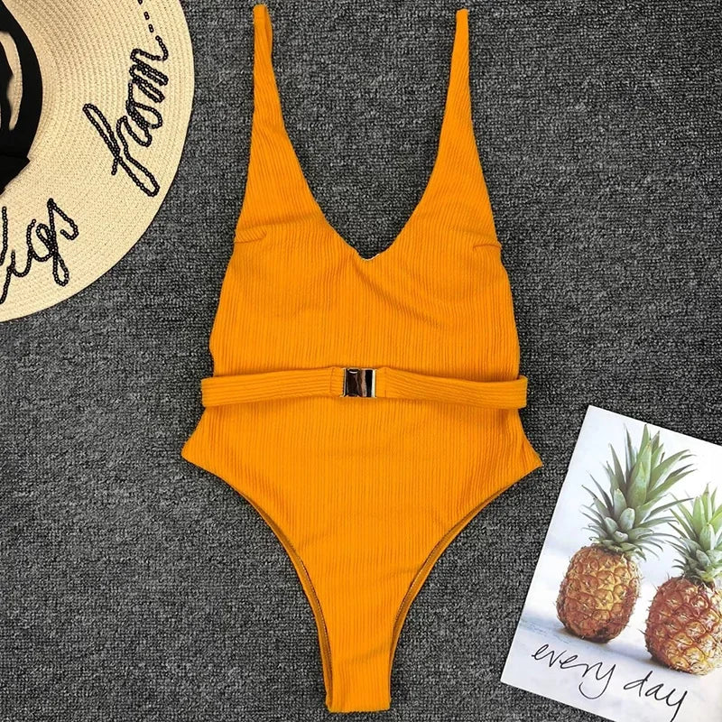 V Neck Ribbed High Leg Cut Women Swimwear One Piece Swimsuit Female Backless Monokini Bather Waist Belt Bathing Suit Swimwear