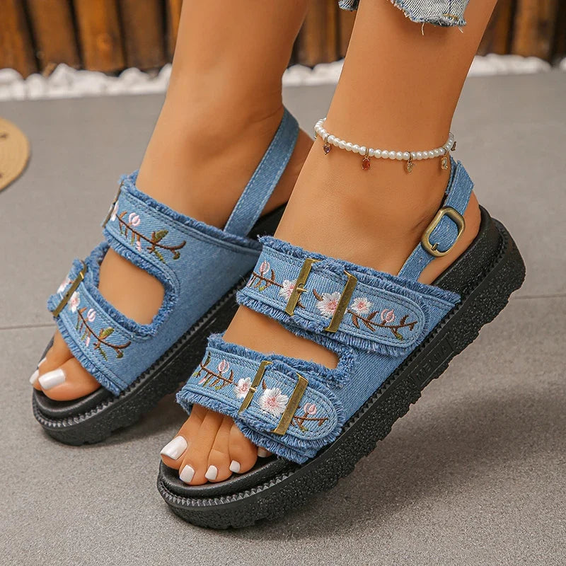 Fashion Flowers Embroidery Platform Sandals Women Plus Size 43 Back Strap Thick Bottom Sandles Woman Anti Slip Summer Sandals