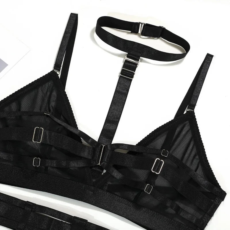 Toucheart Sexy Mesh Patchwork Halter Bra Set For Women Solid Color Hot Girl Girdle Garter Belt Micro See-through Underwear Set