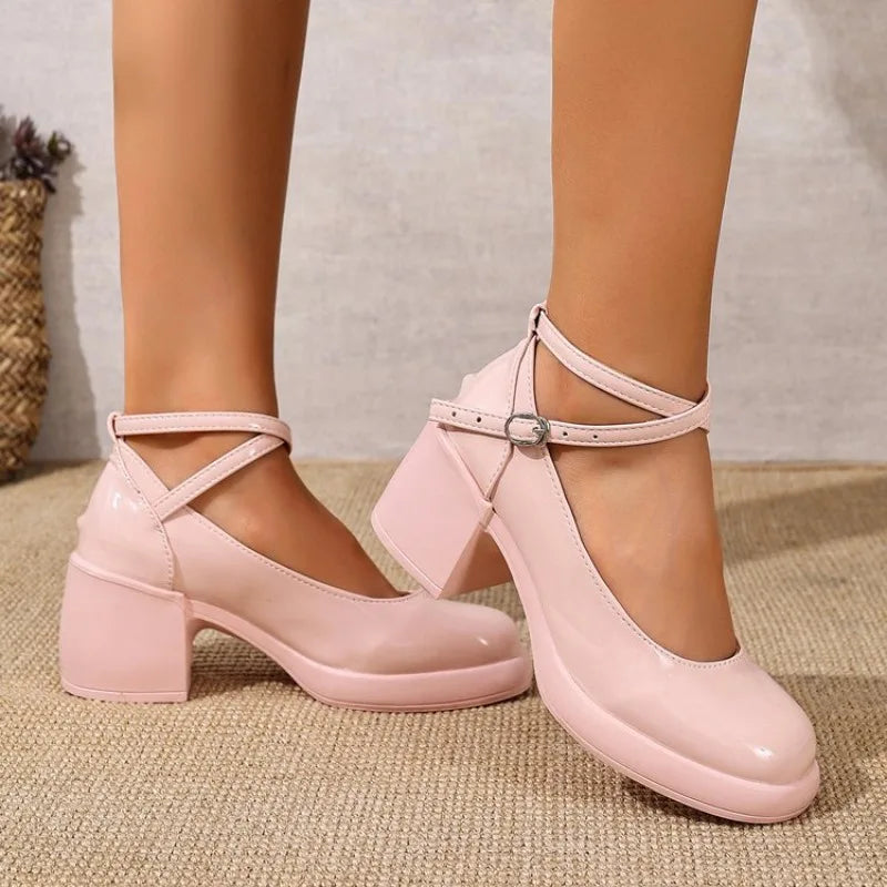Fashion Ankle Strap Mary Janes Women 2026 PU Heel Pumps Woman  Party High Heels Shoes Female