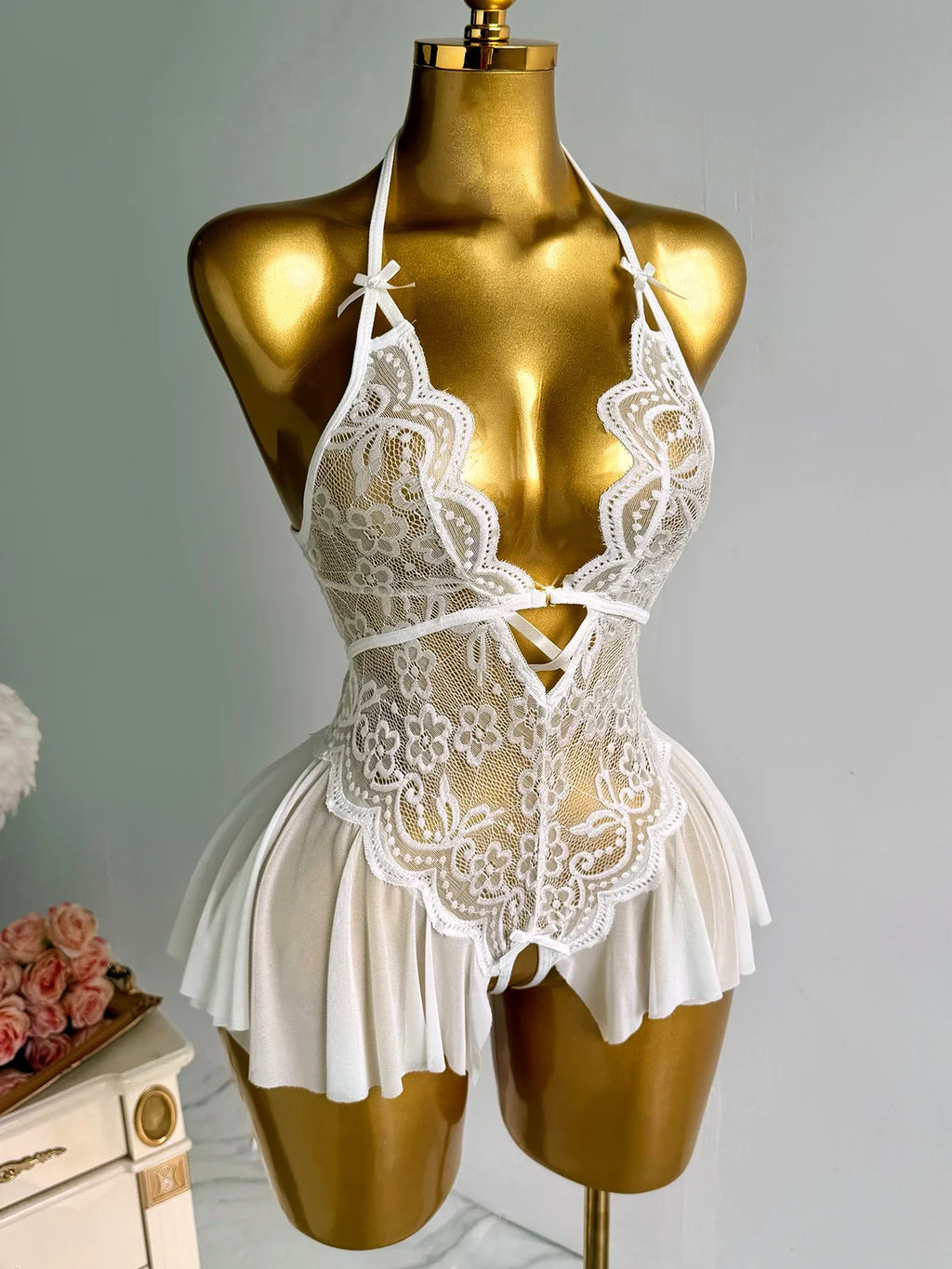 Elegant Lace Halter Neck Teddy Bodysuit With Bow Detail And Ruffled Hem Sexy Women's Lingerie