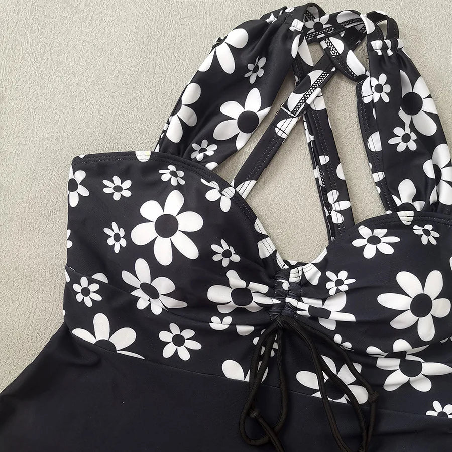 Vintage Black Flower Print Skirt Bikini Set 2026 Front Bow Crop Top Bathing Suit Swimwear Women's High Waist Swimsuit Tankini