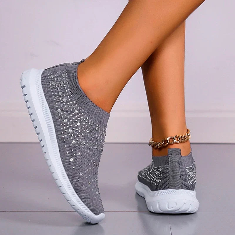 Women's Slip-On Crystal Sneakers 2025 Breathable Mesh Plus Size 35-43 Casual Flats Women Comfort Soft Sole Running Walking Shoes