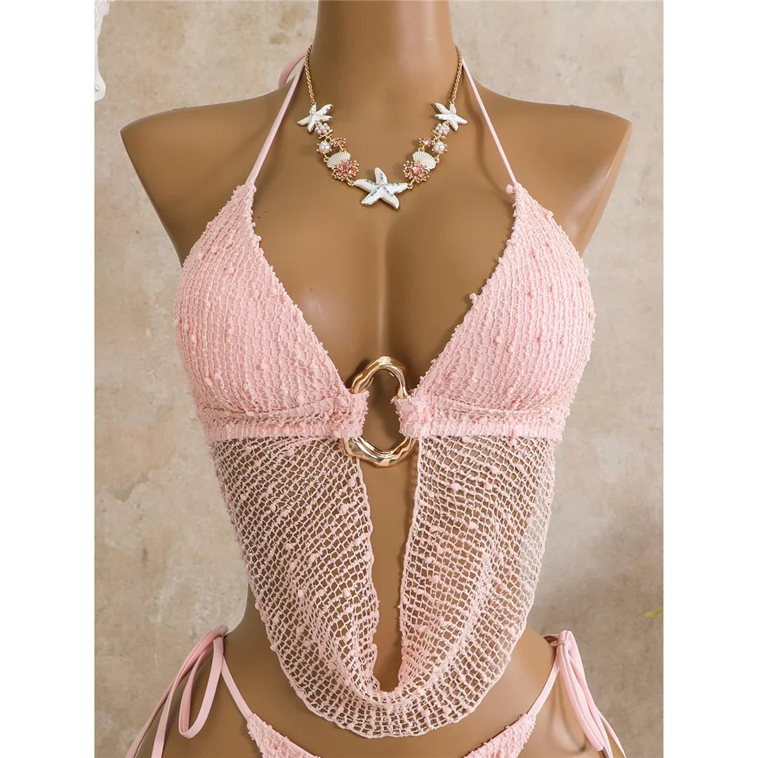 New Hollow Out Tankini Halter Bikini Female Swimsuit Women Swimwear Two-pieces Bikini set Strappy Bather Bathing Suit Swim V8076