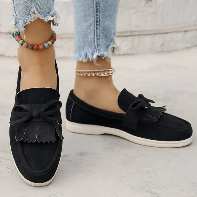 Retro Tassel Bowknot Flats Shoes Women Solid Color Faux Suede Flat Shoes Woman Wear Resistant Plus Size 36-43 Casual Shoes Lady
