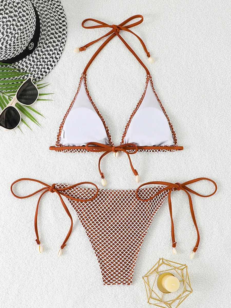 2026 Halter String Triangle Bikini Women Sexy Swimwear Female Mesh Swimsuit Solid Bathers Bathing Swimming Swim Suit Beachwear