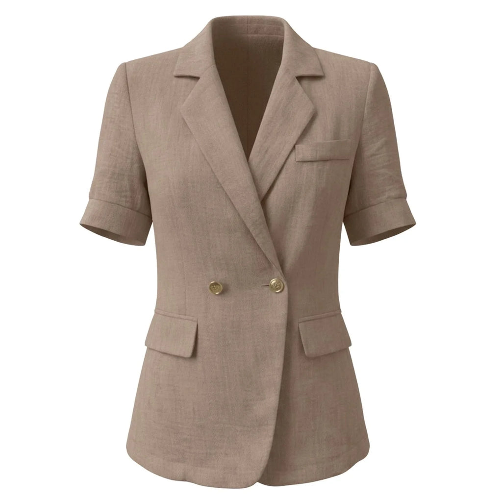 Women Textured Blazer Jacket Lapel Collar Double Breasted Half Sleeve Pocket Loose Suit Coat Elegant Office Summer Outerwear