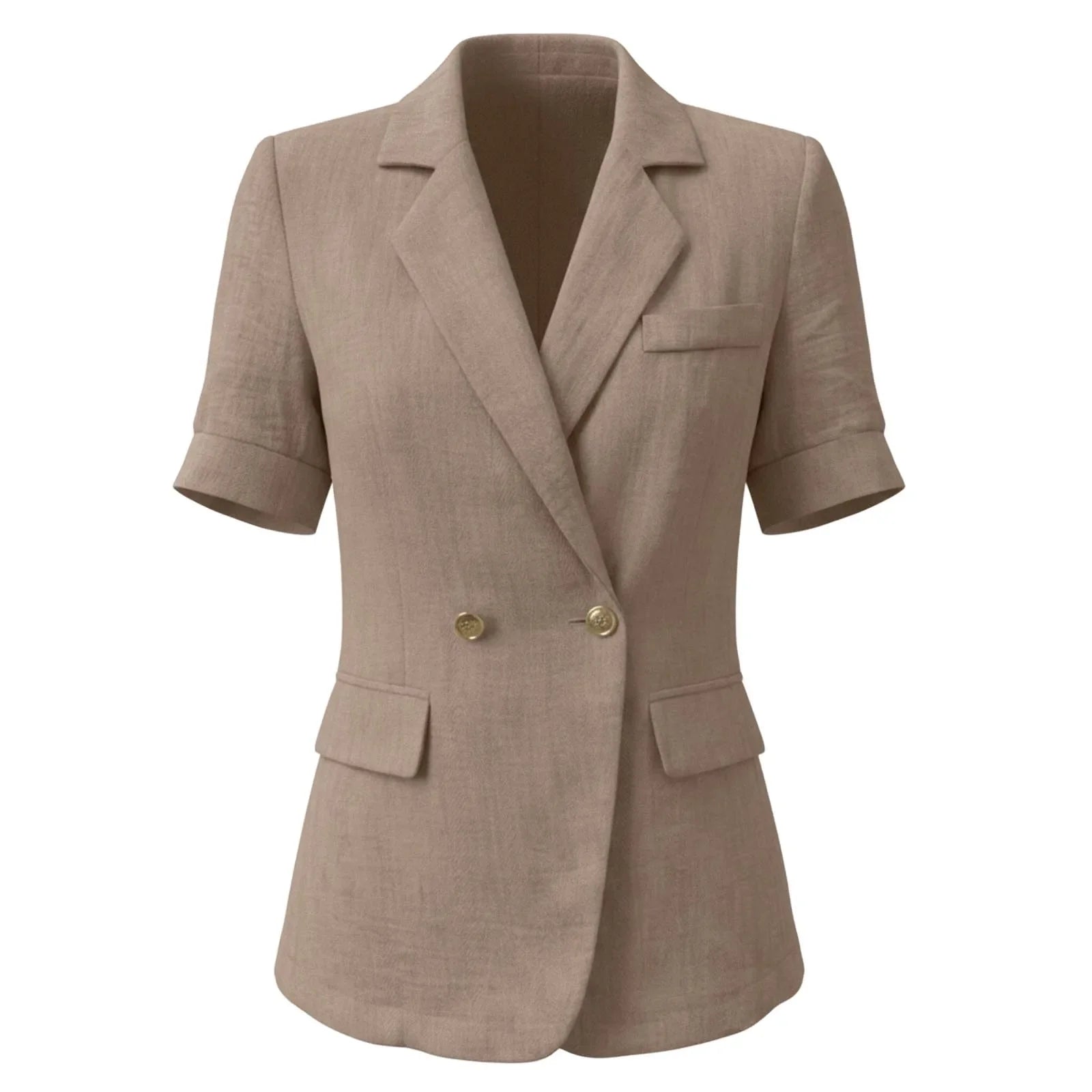 Women Textured Blazer Jacket Lapel Collar Double Breasted Half Sleeve Pocket Loose Suit Coat Elegant Office Summer Outerwear