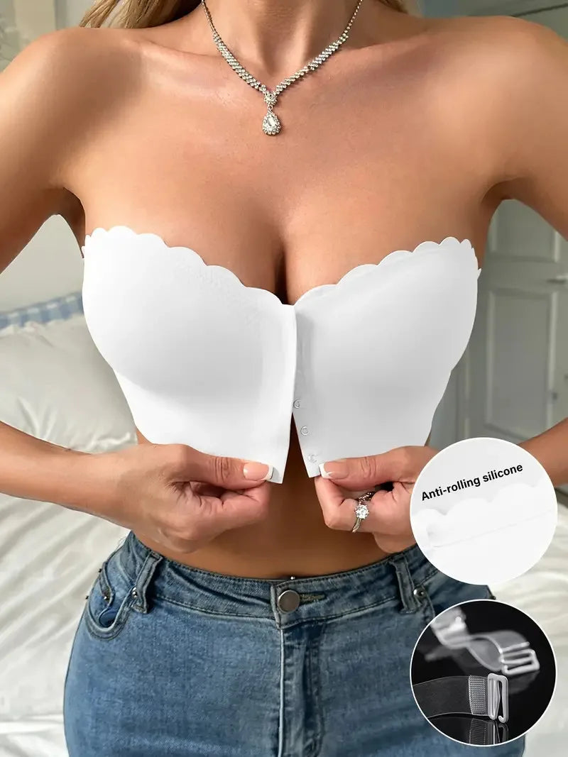 Solid Seamless Strapless Front Closure Wireless Strapless Bra, Sexy Comfy Push Up Bra, Women's Lingerie & Underwear