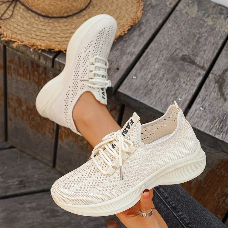 Spring Summer Breathable Mesh Sport Shoes Women Slip On Hollow Out Knitted Flats Shoes Woman Plus Size 43 Thick Sole Sneakers