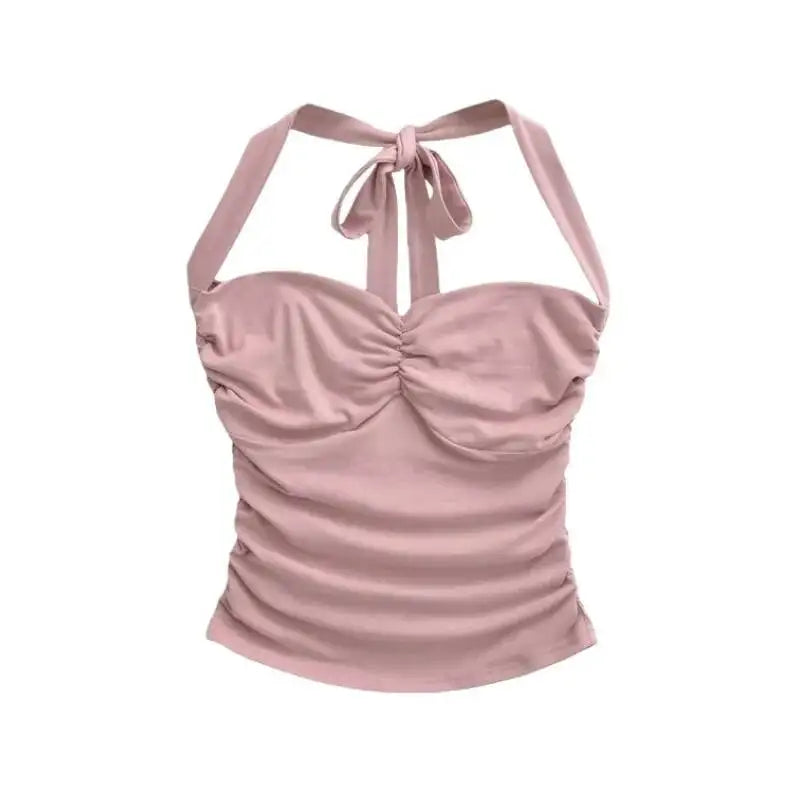 New Women's Fashion Sexy Backless Halter Neck Tie-up Ruched Tube Top Ultra-short Camisole Top In Solid Color Pure Desire F1MR