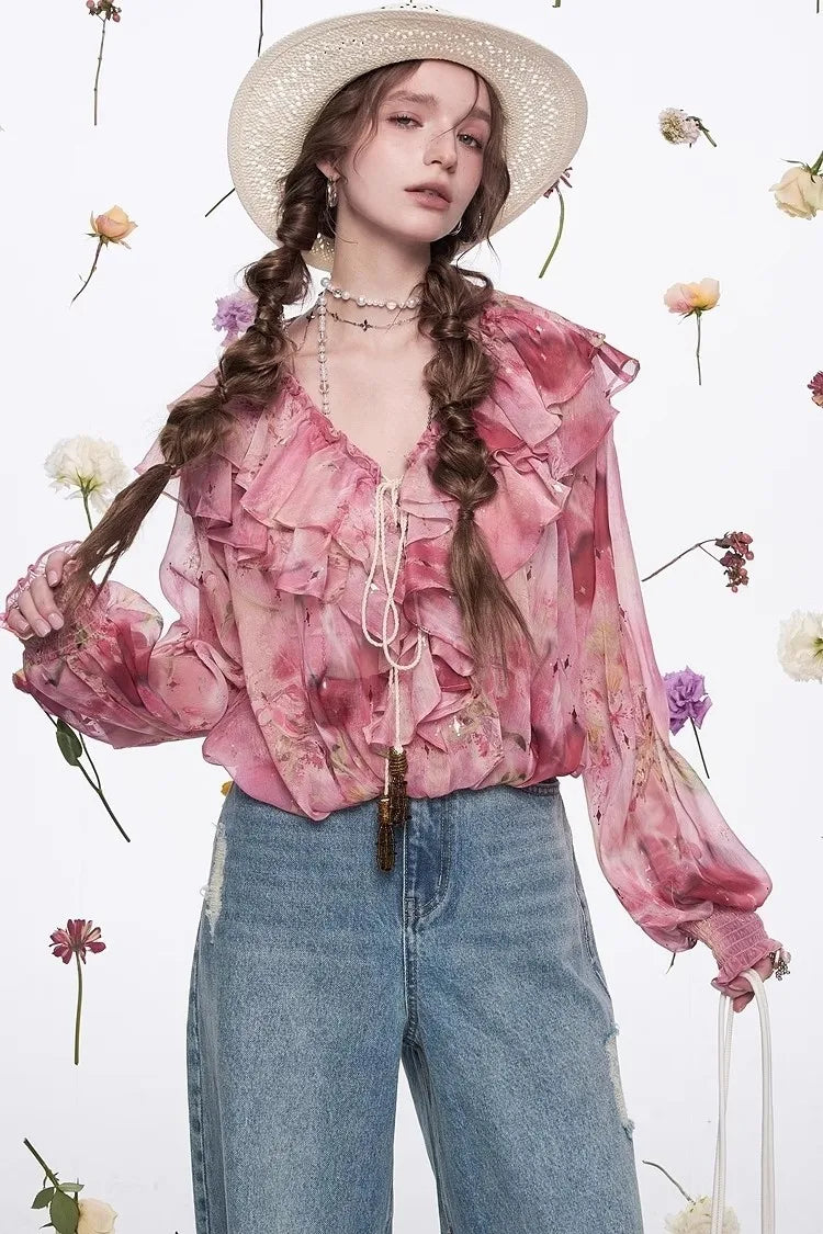 Ladies French ruffled chiffon shirt spring new temperament top