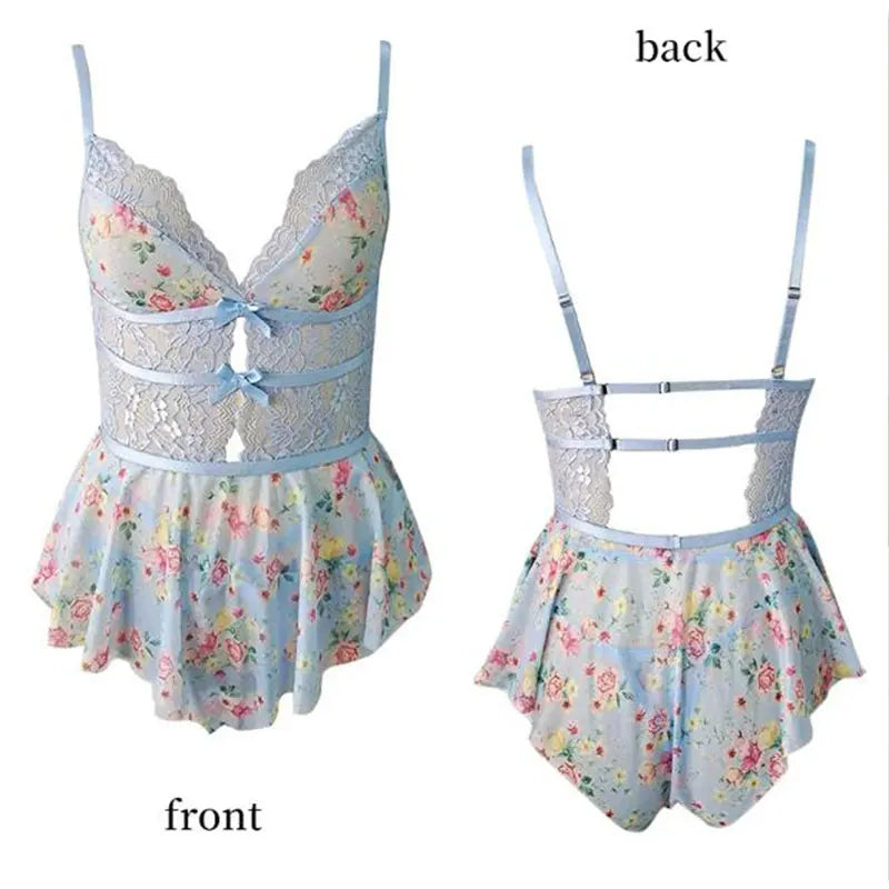 Sexy Crotchless Lingerie Women Lace Hollow Bodysuit Exotic Pajamas Teddy Babydoll Dress Deep V Open Bra Porno Underwear Set