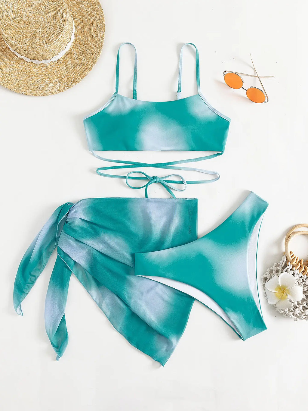 3 Pieces Ombre Lace Up Bikini Swimsuit & Beach Skirt Sexy Swimwear Women 2026 Bathing Swimming Swim Suit Female Summer Beachwear