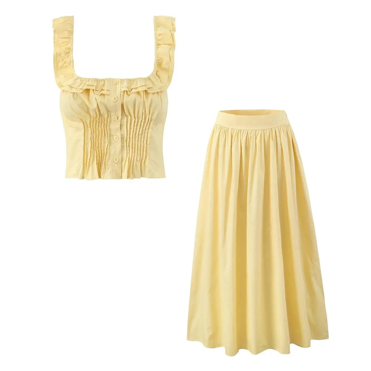 Summer Women White Cotton Dress Set 2025 Top+skirt 2 Pcs Outfit Ruffles Button Slim Top A-line Maxi Skirt Beach Casual Dress