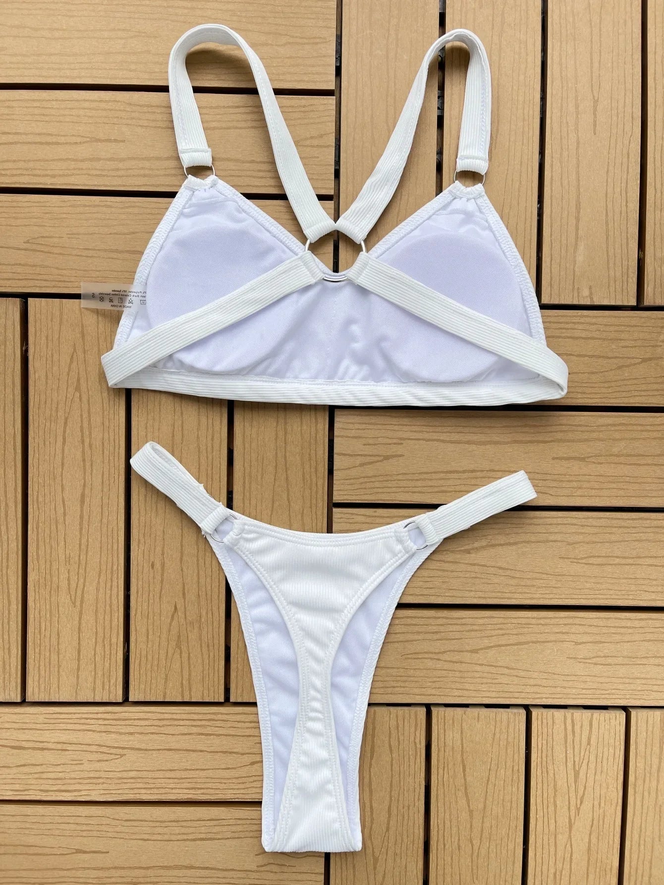 Sexy Ring Linked Backless Bikini Set Women Solid Black White Hollow Out Push Up Micro Swimsuit 2024 Bathing Suit Thong Swimwear