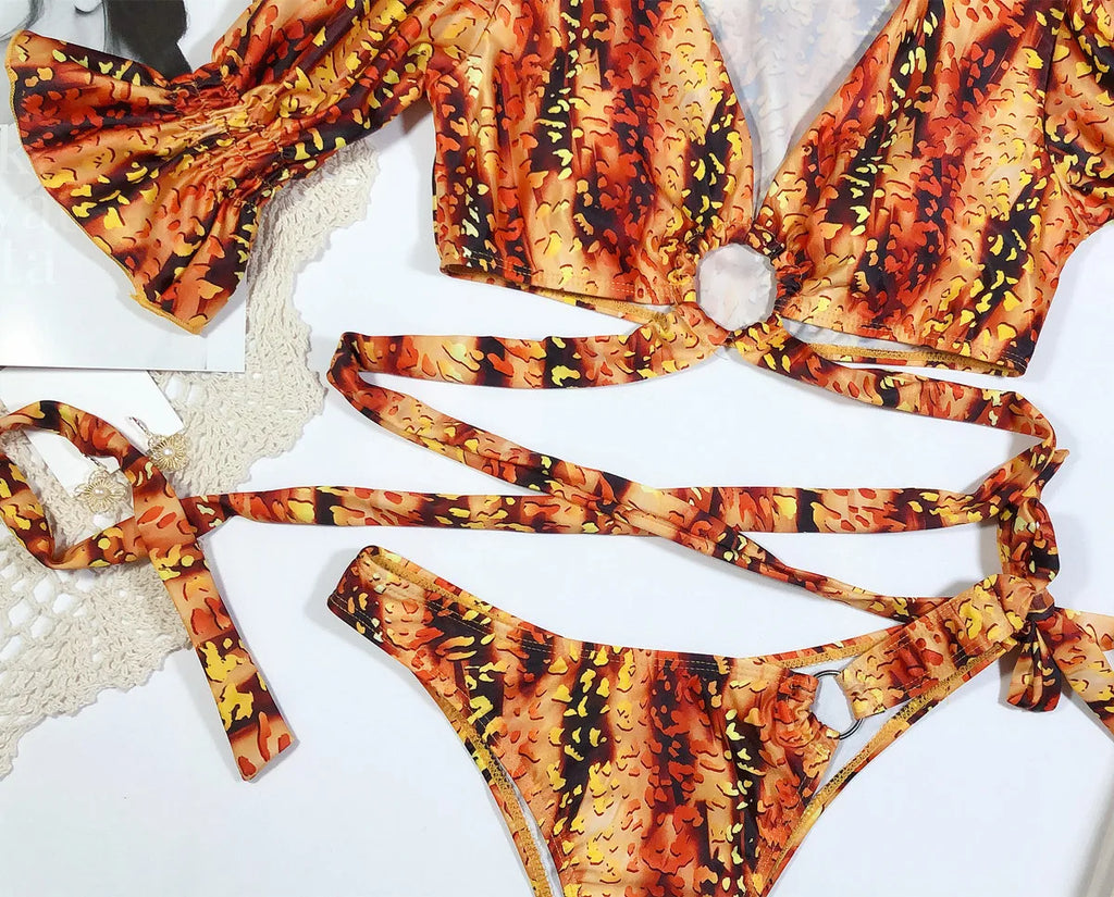 Sexy Two Piece Swimsuit Swimwear Women Short Sleeve Leopard Print Bikinis Set Bathing Suit Beachwear 2026 Maillot De Bain Femme