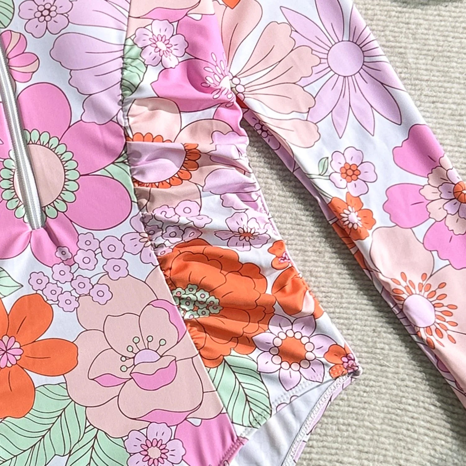Vintage Pink Floral Print Swimwear Women 2026 Front Zipper Long Sleeve Sunscreen One Piece Swimsuit Bathing Suit Surf Monokini