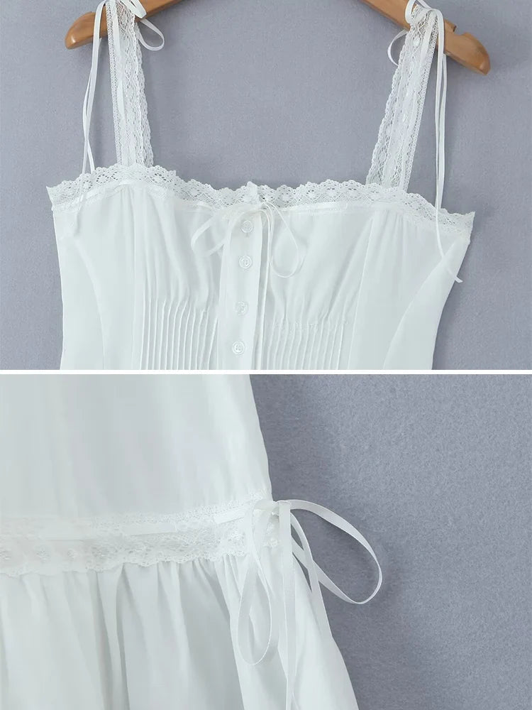 Summer Womens White Dresses Spaghetti Strap New in Long Dress 2025 Beach Casual Midi Party Vestidos Single Breasted Lace Dress