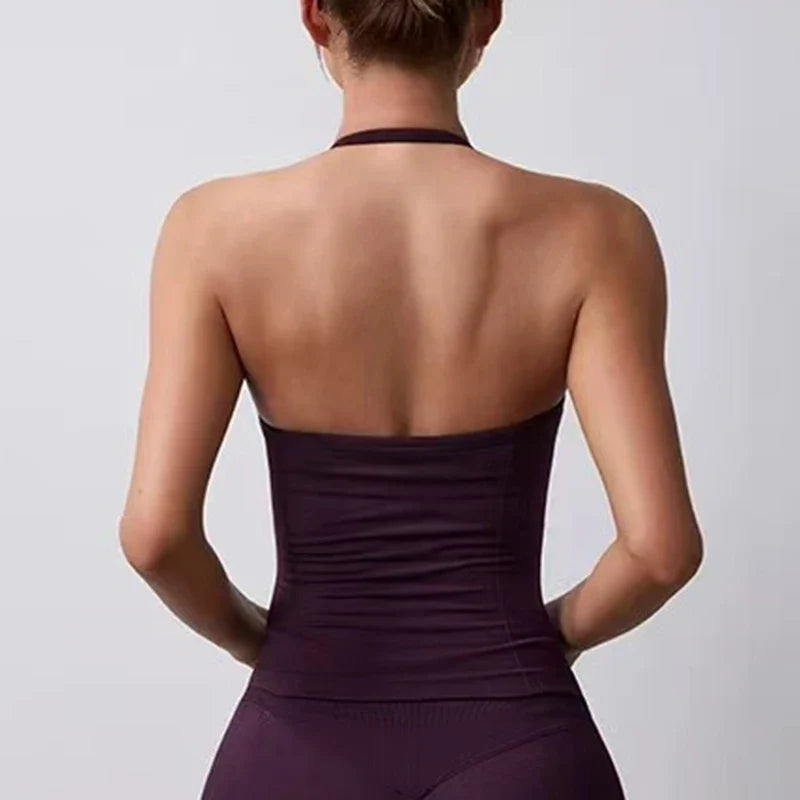 Women's Backless Yoga Sports Vest Neck Hanging Sexy Fitness Pilates Tight Long Top Gathered Sports Bra for Yoga