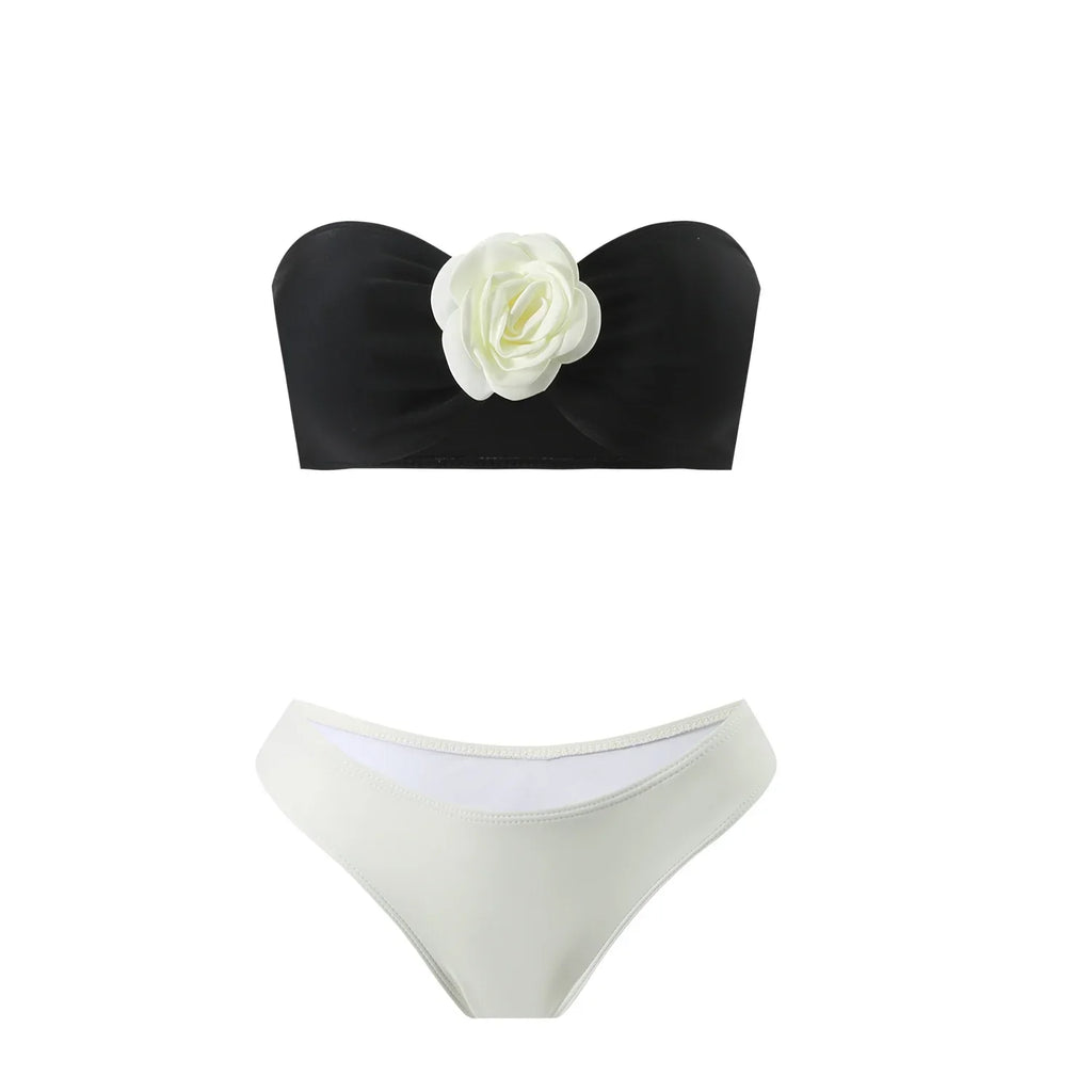 sexy 3d flower bandeau bikinis sets 3pcs with long mesh split skirt black white patchwork swimsuit bathing suit beach outfits