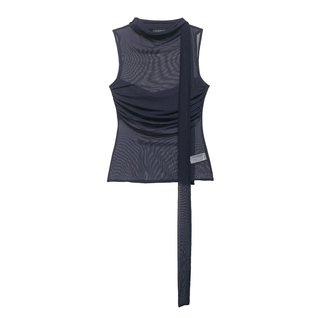 Women's Silk Mesh Scarf Top Women Dark Gray Mesh Halter Neck Sleeveless Top Ruched Front Tie Detail Sheer Casual For Party AFIA