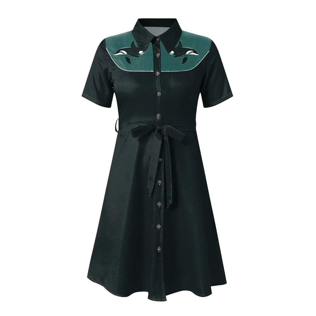 Western Cowgirl Printed Dress Halloween Cosplay Costume Summer Cowboy Button-Down Dress Short Sleeves 100% Cotton Sexy Dress