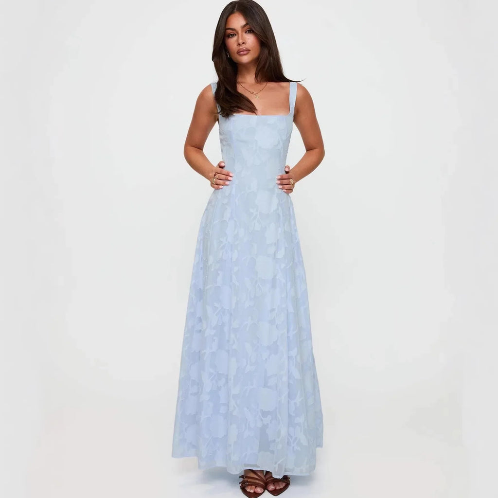 French Style Square-neck Strapless Long Dress With A Large Hem Designed With Cut-out Details Slim Fit Waist-cinching Casual 515K