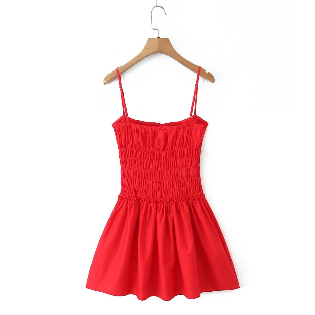Cotton Summer Red Short Dress Women Strapless Beach Mini Dress Casual Ruffles Spaghetti Strap Boho Party Sleeveless Dress