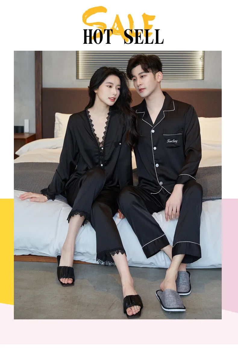 Spring and summer ice silk pajamas sexy lace long-sleeved cardigan home wear set