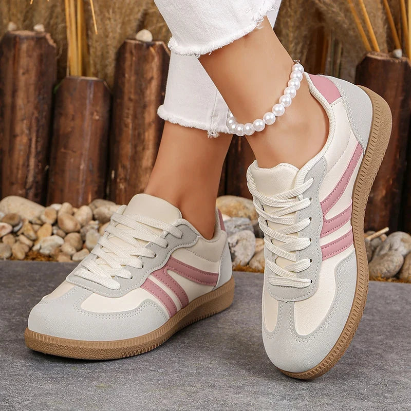 Korean Pink Striped Flat Shoes Women Spring Autumn Lace Up Platform Sneakers Woman Plus Size 42 Low Heel Casual Shoes Female