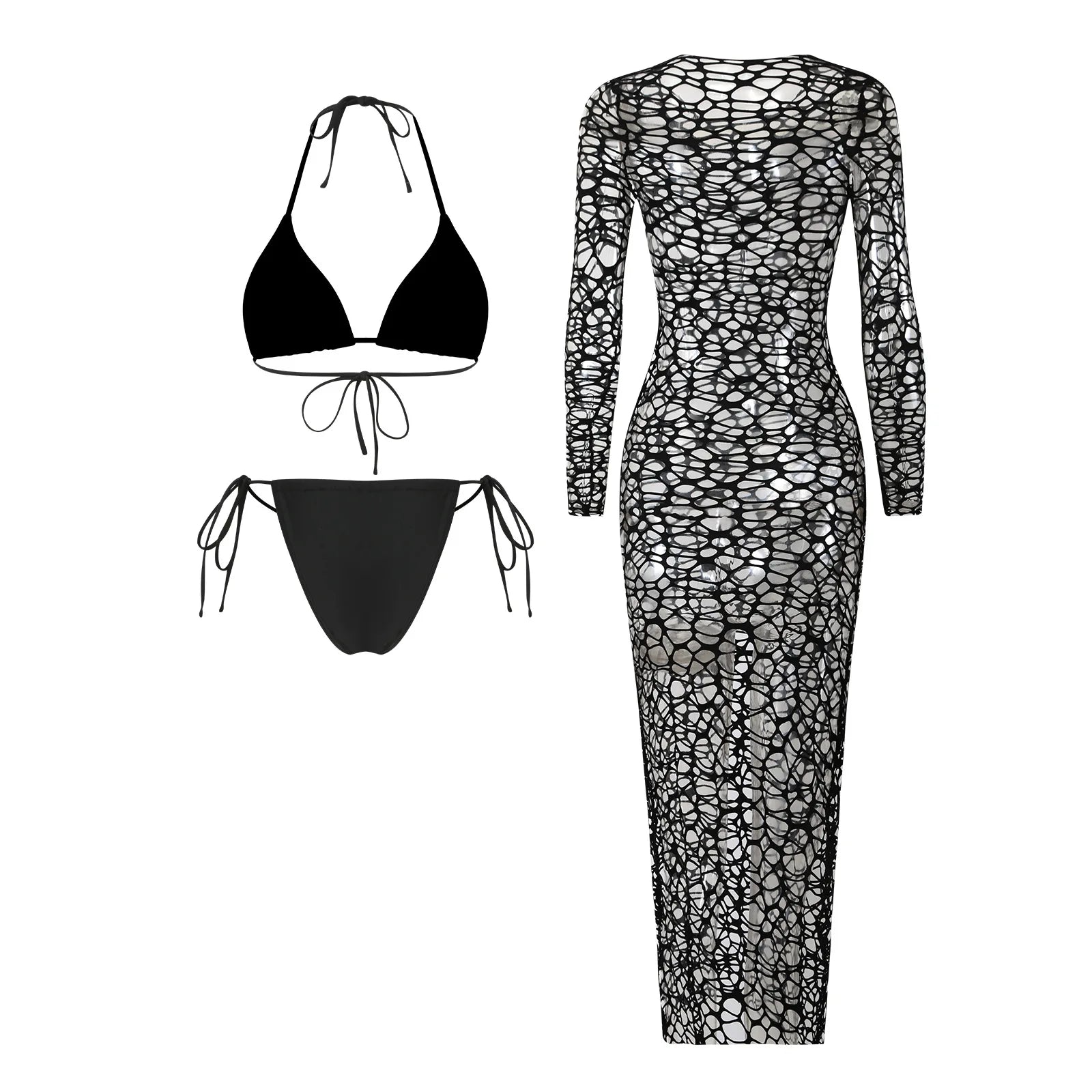 Sexy Hole Out Mesh Long Sleeve Dress 3 Piece Swimsuit 2026 Women Black Summer Push Up Thong Bikini Holiday Bathing Suit Swimwear