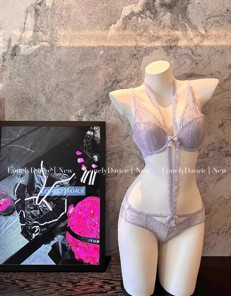 Elegant French Purple Halter Neck Bra Set Delicate Lace Bralette for Small Bust Layered Straps Lingerie UK Sizes MOYISU Sexy Bra