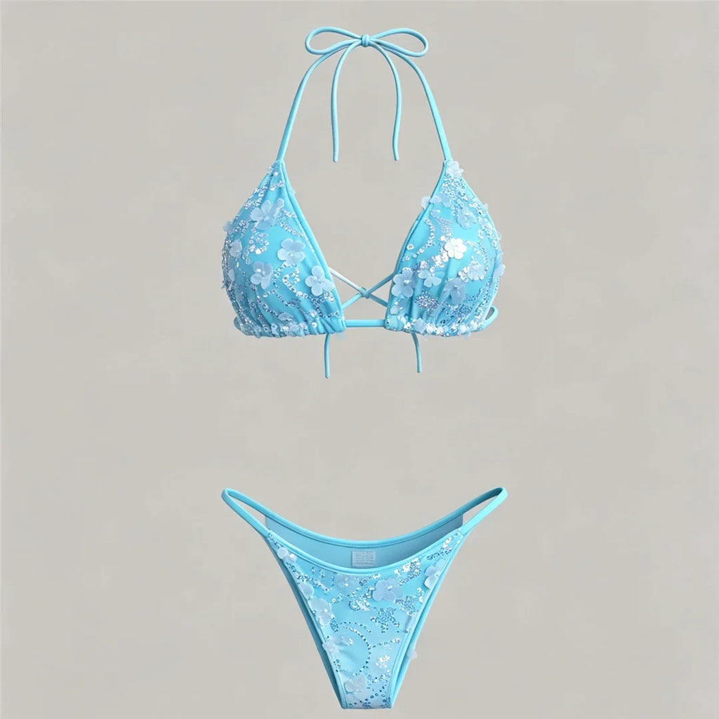 S - XL Three-pieces Bikini set With Skirt Flowers Sequins Bikini Female Swimsuit Women Swimwear Bather Bathing Suit Swim V7864