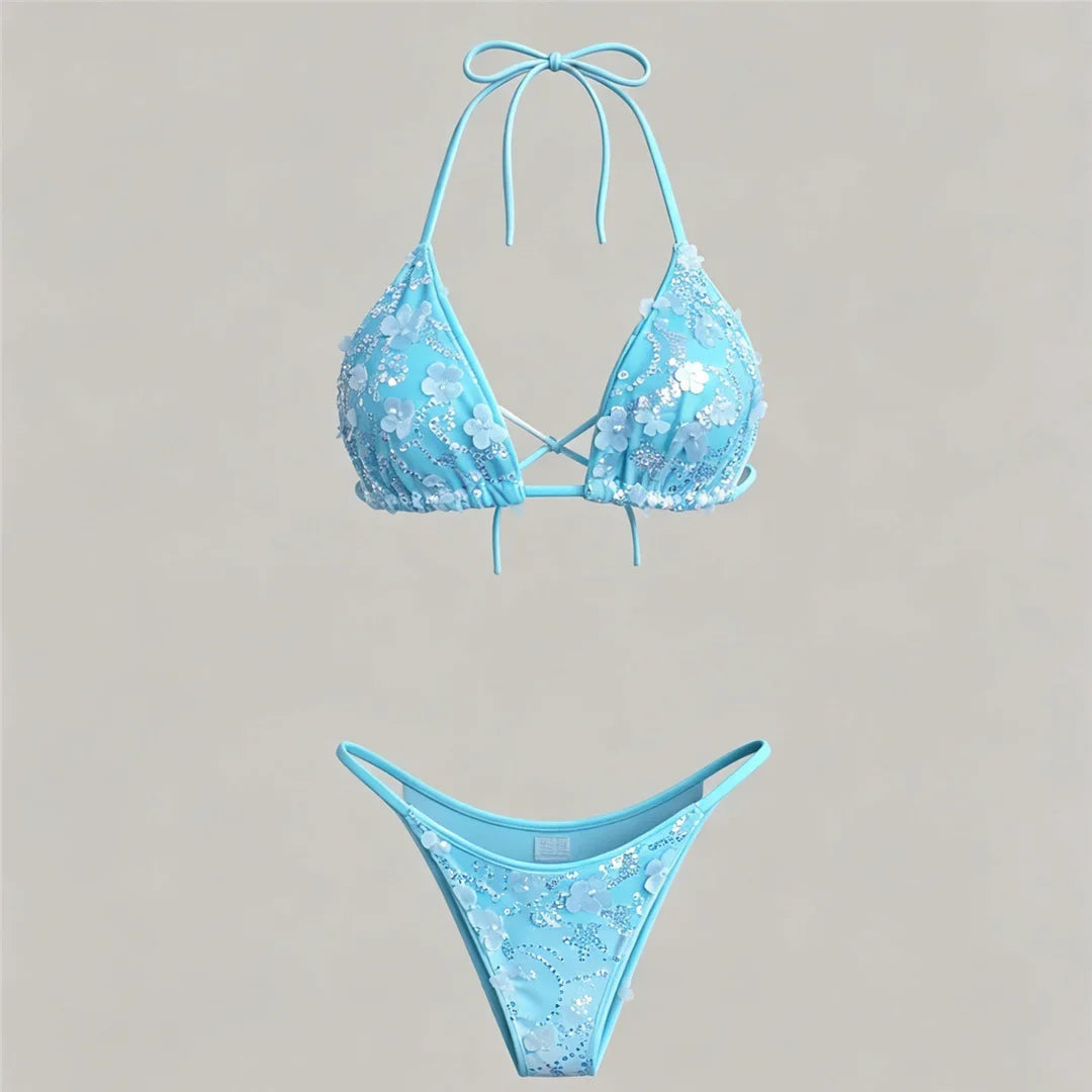 S - XL Three-pieces Bikini set With Skirt Flowers Sequins Bikini Female Swimsuit Women Swimwear Bather Bathing Suit Swim V7864